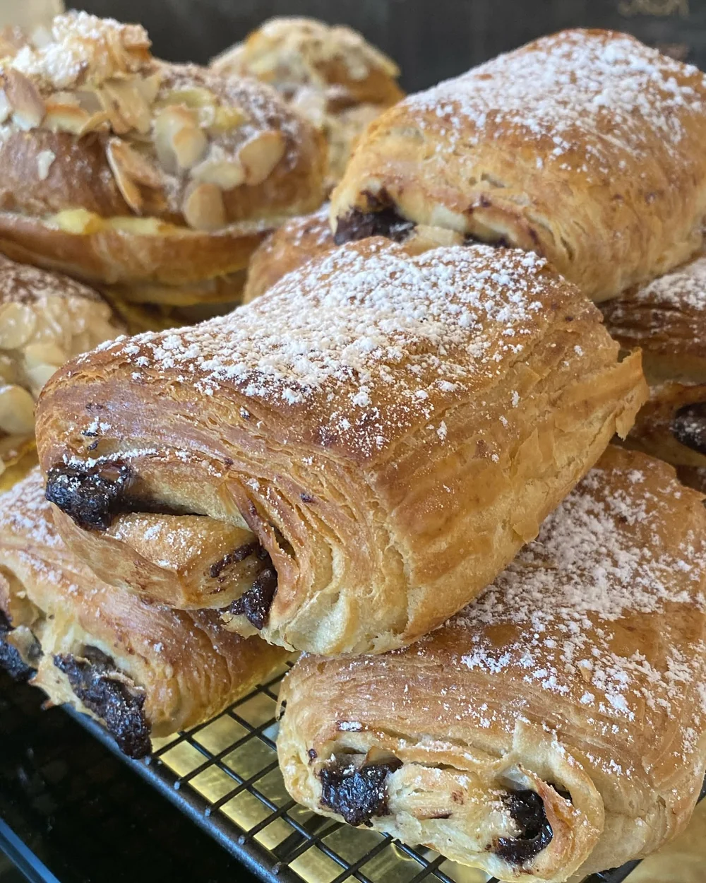 Flaky chocolate and almond pastries at Ellen and Rod